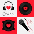 Headphones, microphone, sound speaker, loudspeaker. Black vinyl record disk. Heart sign symbol. LOVE. Happy Valentines Day Royalty Free Stock Photo