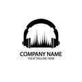 Headphones with microphone and sound waves beats, concept of radio station logo, dj disco symbol, broadcasting studio label,