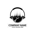 Headphones with microphone and sound waves beats, concept of radio station logo, dj disco symbol, broadcasting studio label,