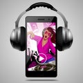 Headphones with modern phone with DJ girl and people dancing at