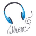 Headphones music concept. Wired earbud music stereo sound, music lettering word made from headphone wire. Audio music