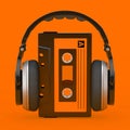 Headphones Over Old Vintage Audio Cassette Tape. 3d Rendering Royalty Free Stock Photo