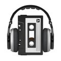 Headphones Over Old Vintage Audio Cassette Tape. 3d Rendering Royalty Free Stock Photo