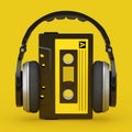 Headphones Over Old Vintage Audio Cassette Tape. 3d Rendering Royalty Free Stock Photo