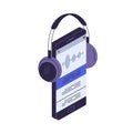 Headphones on phone for listening music, podcast. Mobile audio app on smartphone screen, display. Audiobook, player Royalty Free Stock Photo