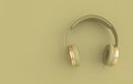 Headphones realistic 3d render. Music lover minimalistic background with green and golden wireless audio earphones