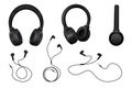 Headphones realistic, earphones different angles view. Black mobile headset, music or ear speakers, sound earbud