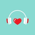 Headphones with red heart icon. Flat vector earphones isolated on blue