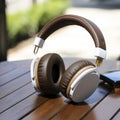 Headphones Resting on Wooden Table for Music Lovers and Audiophiles Royalty Free Stock Photo