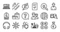 Headphones, Search book and Question mark line icons set. Vector