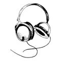 Headphones sketch. Hand-drawn black headphones sketch, isolated on white background. Sketch style vector illustration