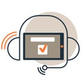 Headphones with smartphone and checkbox icon, online call center support vector icon, flat line design