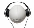 Headphones on smiling rugby ball