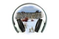 Headphones and snowy field and coniferous forest