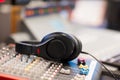 Headphones on Sound Mixer In Professional Radio Studio Royalty Free Stock Photo