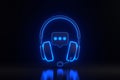 Headphones with speech bubble message flying with bright glowing futuristic blue neon lights on black background Royalty Free Stock Photo