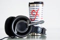 Headphones with termo cup Royalty Free Stock Photo