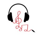 Headphones with treble clef, note red cord and word Music. Card. Flat design. White background.