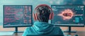 Headphones user views glowing screens displaying complex code and digital patterns, representing space technology and data Royalty Free Stock Photo
