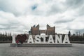 Headquarters head office of the KazMunaiGas in Astana Kazakhstan with I love heart Astana sign