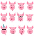 Heads of Cool Funny Pig Emoticon Characters, Funny, Cool, Angry, Sad. Collection Avatars