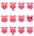 Heads of Cool Funny Pig Emoticon Characters, Happy, Cool, Angry, Tired Emotions. Set Avatars Royalty Free Stock Photo