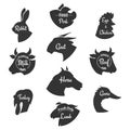 Heads of farm animals icons vector set. Butchery Royalty Free Stock Photo