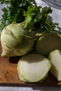 Heads of fresh ripe bio white cabbage kohlrabi from organic farm, close up