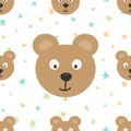 The heads of a funny bear and colored stars. Cartoon seamless pattern.