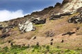 Heads of maoi on Rano Raruku mountain Royalty Free Stock Photo