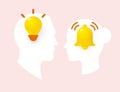 Heads silhouette of male and female with light bulb, idea symbol, and ringing bells, panic attack symbol. Vector