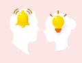 Heads silhouette of male and female with light bulb, idea symbol, and ringing bells, panic attack symbol. Vector