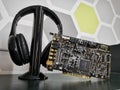 Headset and computer sound card Royalty Free Stock Photo