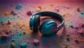 Headset headphones on colorful pastel splash background. Minimal abstract party, fun and love for music concept.