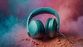 Headset headphones on colorful pastel splash background. Minimal abstract party, fun and love for music concept.