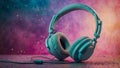 Headset headphones on colorful pastel splash background. Minimal abstract party, fun and love for music concept.