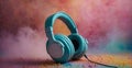 Headset headphones on colorful pastel splash background. Minimal abstract party, fun and love for music concept.