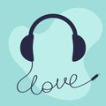 Headset icon. Black headphones earphones with cord plug and word Love. Music banner. Headphone speaker. Greeting Card. Flat design