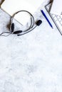 Headset and keyboard on workdesk for call center concept top view mockup Royalty Free Stock Photo