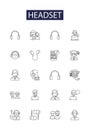 Headset line vector icons and signs. Earphones, Earbuds, Mic, Muff, Telephone, Phone, Listening, Orchestrate outline Royalty Free Stock Photo
