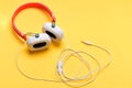 Headset for music made of plastic. Headphones with long wire