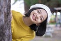 Headshort portrait smile young girl with big tree Royalty Free Stock Photo