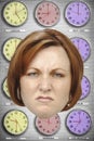 Headshot of angry businesswoman with different time zone clocks in background