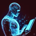 Headshot of artificial bioluminal transparent fake AI person man watching a tablet when standing on navy blue background