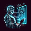 Headshot of artificial bioluminal transparent fake AI person man watching a tablet when standing on navy blue background