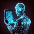 Headshot of artificial bioluminal transparent fake AI person watching a laptop on navy blue background