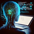 Headshot of artificial bioluminal transparent fake AI person watching a laptop on navy blue background