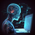 Headshot of artificial bioluminal transparent fake AI person watching a laptop when standing on navy blue background
