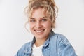 Headshot attractive friendly-looking smiling happy blond european woman curly bun combed grinning joyfully gazing blue