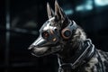 Headshot of cyberpunk dog with futuristic bionic face mask. Generative AI Royalty Free Stock Photo